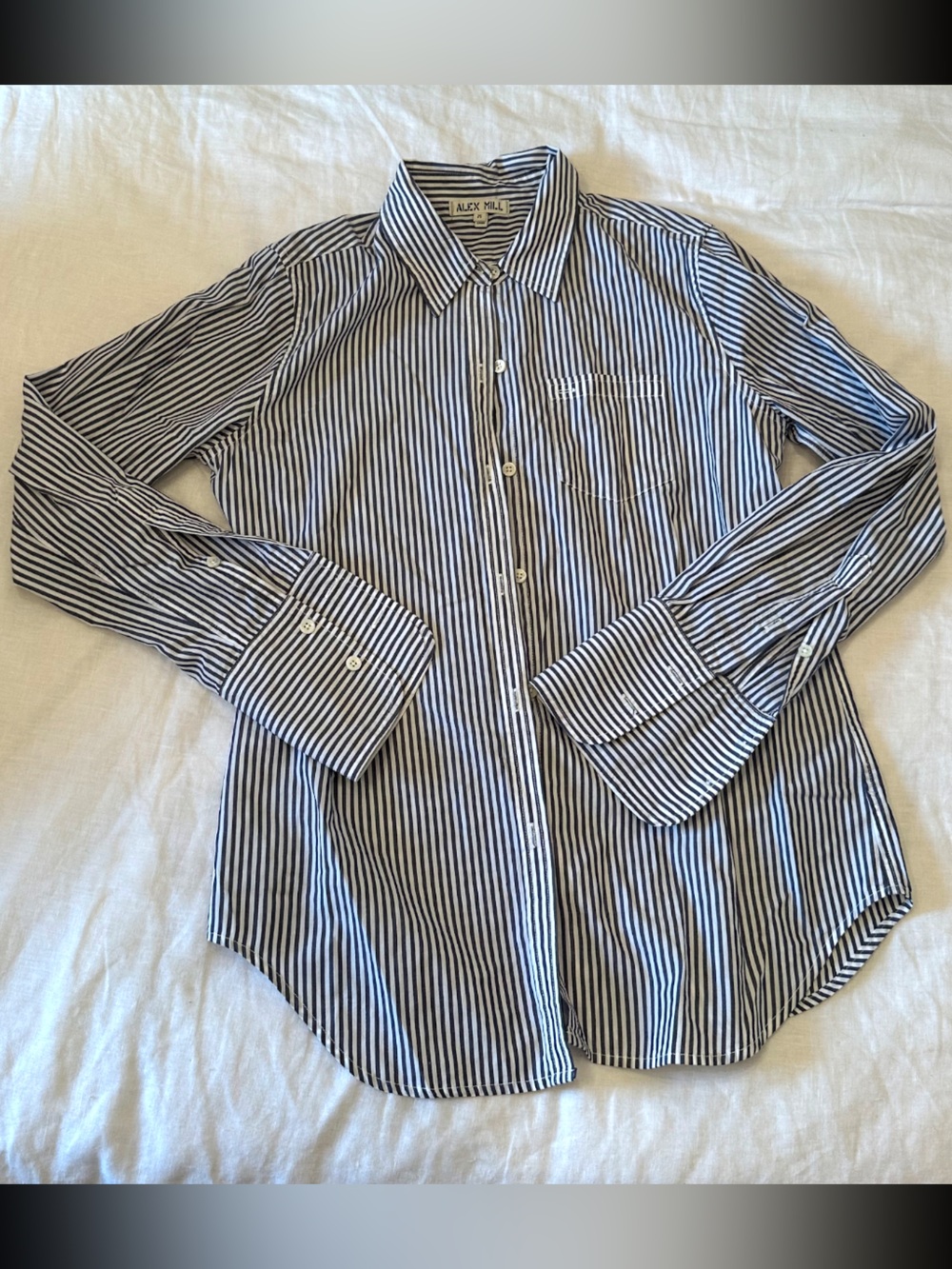Alex Mill Wash & Go Blue White Striped Button Back Cotton Shirt Medium